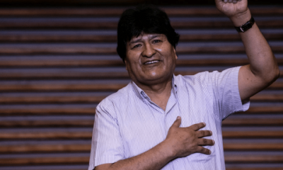 Former Bolivia President Evo Morales gestures during a press conference as he expresses his gratitude to the Argentine government and population for having received him as a political exiled at Hotel Quagliaro on November 7, 2020 in Buenos Aires, Argentina. Morales announced he will start traveling to La Quiaca, Jujuy where he will cross the Argentine-Bolivian border on November 11.