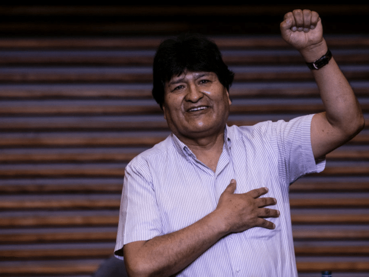 Former Bolivia President Evo Morales gestures during a press conference as he expresses his gratitude to the Argentine government and population for having received him as a political exiled at Hotel Quagliaro on November 7, 2020 in Buenos Aires, Argentina. Morales announced he will start traveling to La Quiaca, Jujuy where he will cross the Argentine-Bolivian border on November 11.