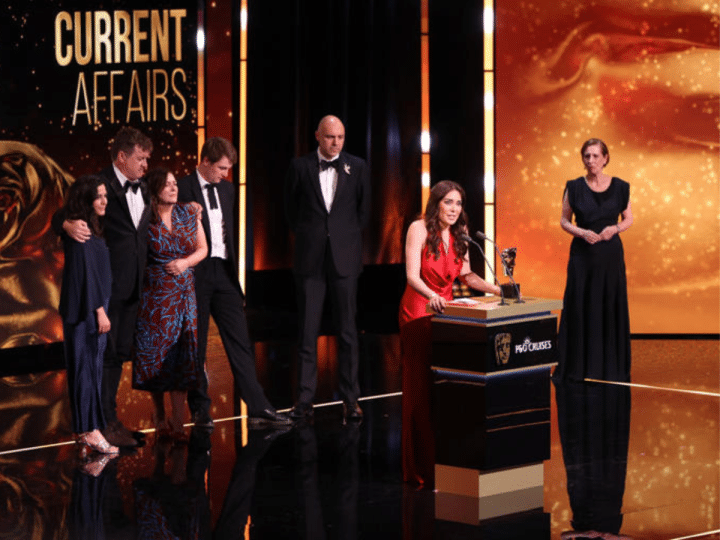 The Gaza: Doctors Under Attack production team on the BAFTA stage. Ramita Navai is at the mic.