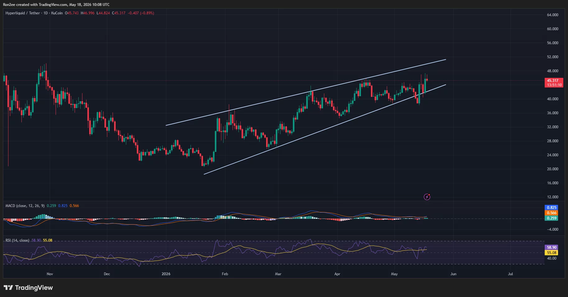 Hyperliquid price has formed an ascending wedge pattern on the daily chart.