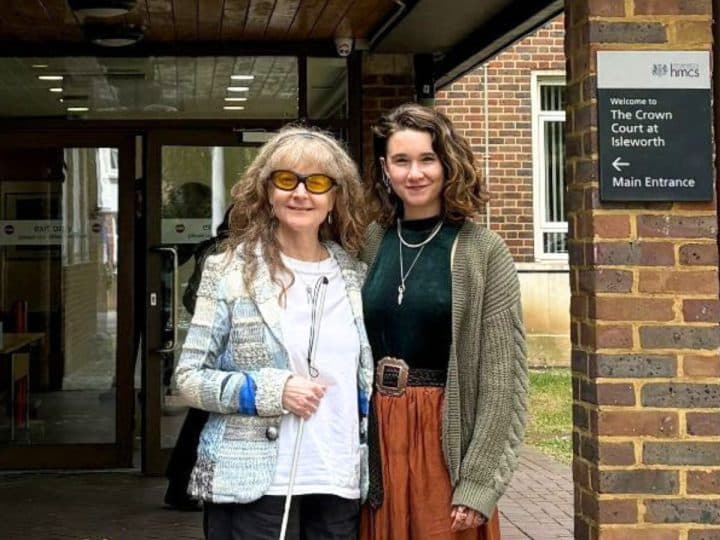 Jane Touil and Phoebe Plummer outside Isleworth Crown Court re Just Stop Oil Heathrow T5 paint protest