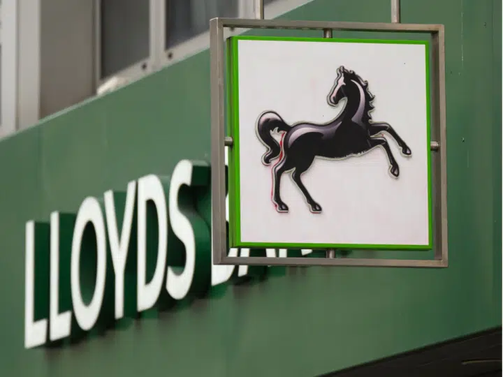 A general view of the exterior of a branch of the Lloyds bank chain on January 29, 2025 in London, England.