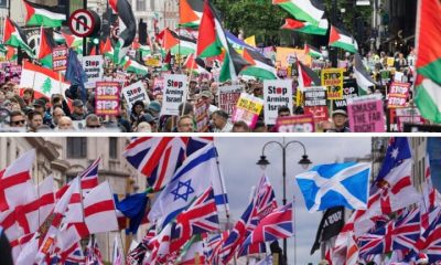 Two part image showing: Top: Nakba 78 march Bottom: Unite the Kingdom march London 16 May 2026 Green Party open letter to council leader
