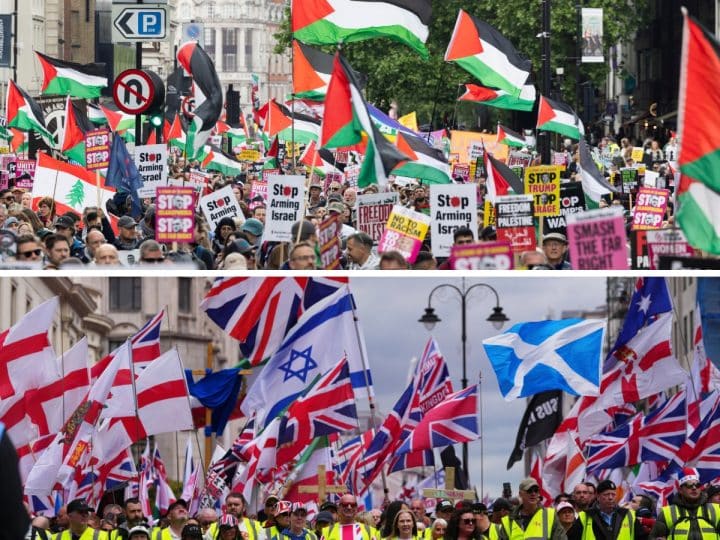 Two part image showing: Top: Nakba 78 march Bottom: Unite the Kingdom march London 16 May 2026 Green Party open letter to council leader