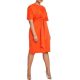 A woman wearing a bright orange dress with croc-print open-toed heals