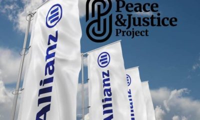 Composite image with the Peace & Justice Project logo added to a picture of Allianz logo flags