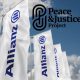 Composite image with the Peace & Justice Project logo added to a picture of Allianz logo flags
