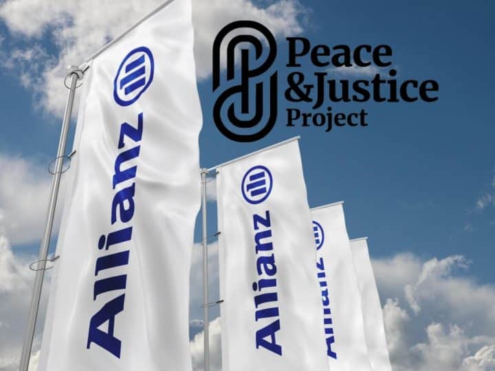 Composite image with the Peace & Justice Project logo added to a picture of Allianz logo flags