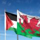 Composite image of Palestine and Wales flags against a blue sky Wales Pension Partnership divestment BDS Senedd