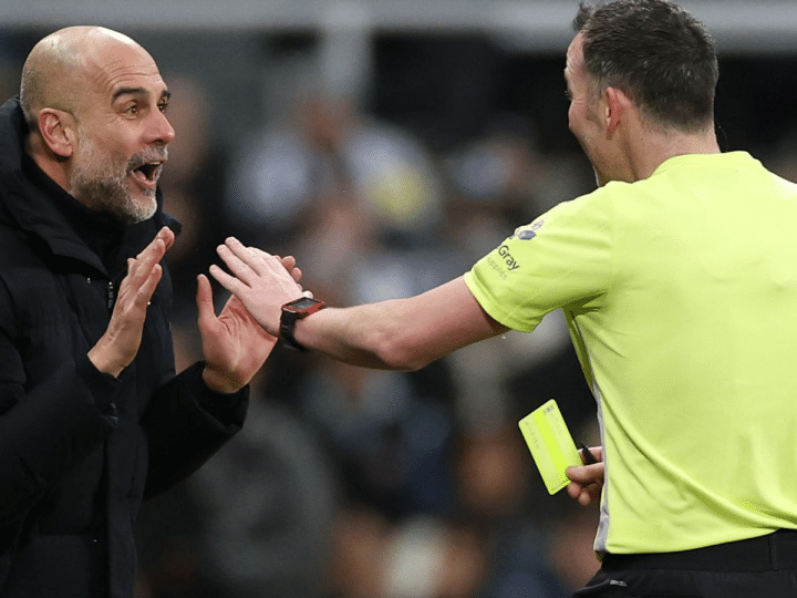 Pep Guardiola argues with ref Chris Kavanagh