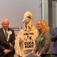 Rob Pownall in his giant gannet costume at Edinburgh Central count