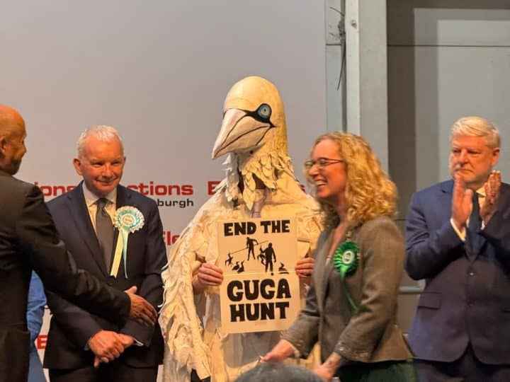 Rob Pownall in his giant gannet costume at Edinburgh Central count