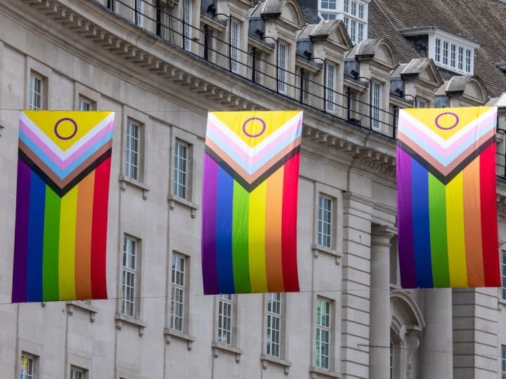 Progress Pride flags in London's Regent St Home Office detention of LGBTQI+ people