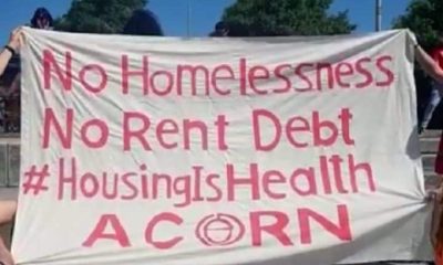 Banner from renters union Acorn, saying: No Homelessness No Rent Debt #HousingIsHealth Acorn
