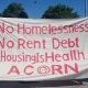Banner from renters union Acorn, saying: No Homelessness No Rent Debt #HousingIsHealth Acorn