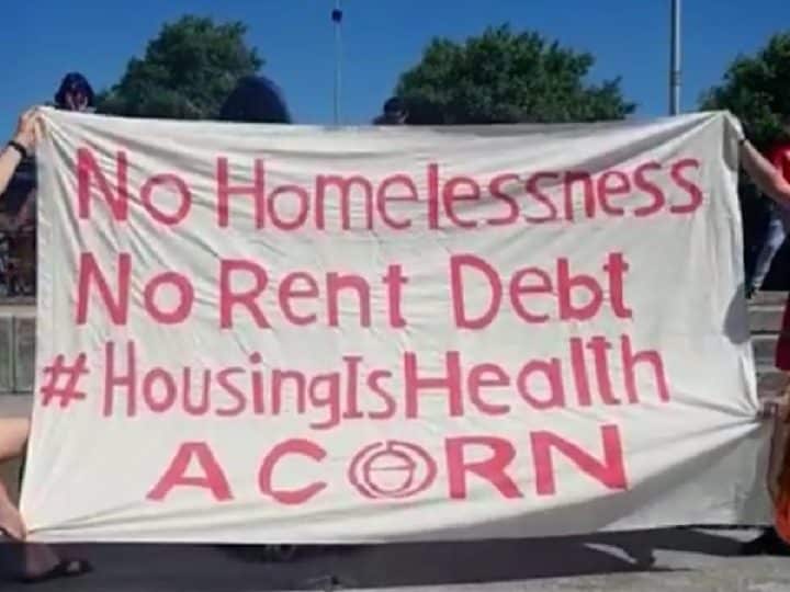 Banner from renters union Acorn, saying: No Homelessness No Rent Debt #HousingIsHealth Acorn