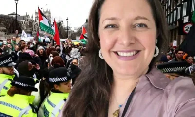 Composite image showing UN Special Rapporteur on the Rights to Freedom of Peaceful Assembly and of Association in front of an image of a police cordon at a pro-Palestine protest