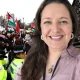 Composite image showing UN Special Rapporteur on the Rights to Freedom of Peaceful Assembly and of Association in front of an image of a police cordon at a pro-Palestine protest