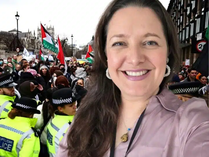 Composite image showing UN Special Rapporteur on the Rights to Freedom of Peaceful Assembly and of Association in front of an image of a police cordon at a pro-Palestine protest