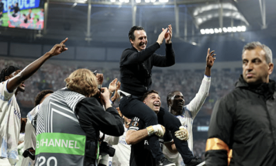 Unai Emery, Aston Villa manager, celebrates UAEFA victory