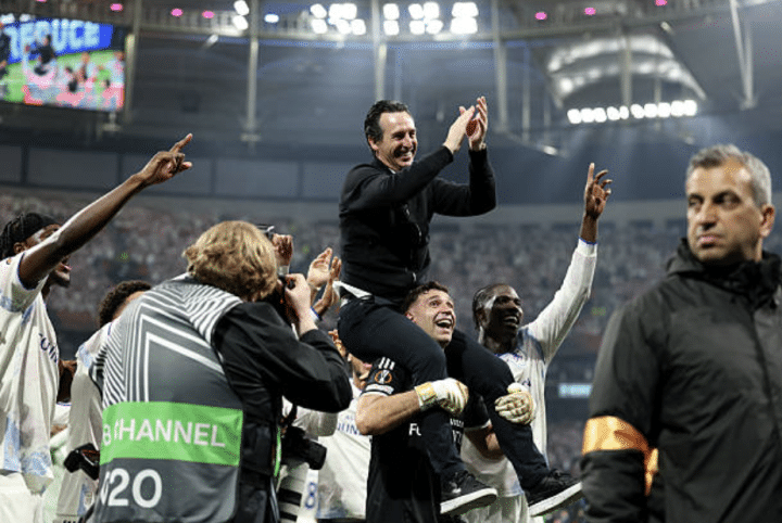 Unai Emery, Aston Villa manager, celebrates UAEFA victory