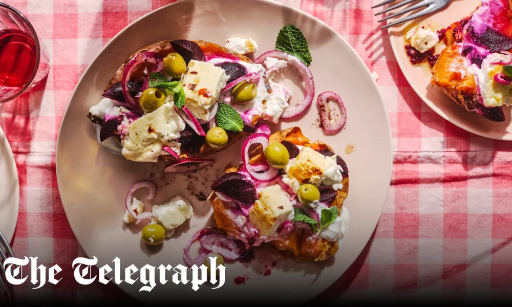 Baked sweet potatoes with honey-roast feta, olives, beetroot and mint recipe