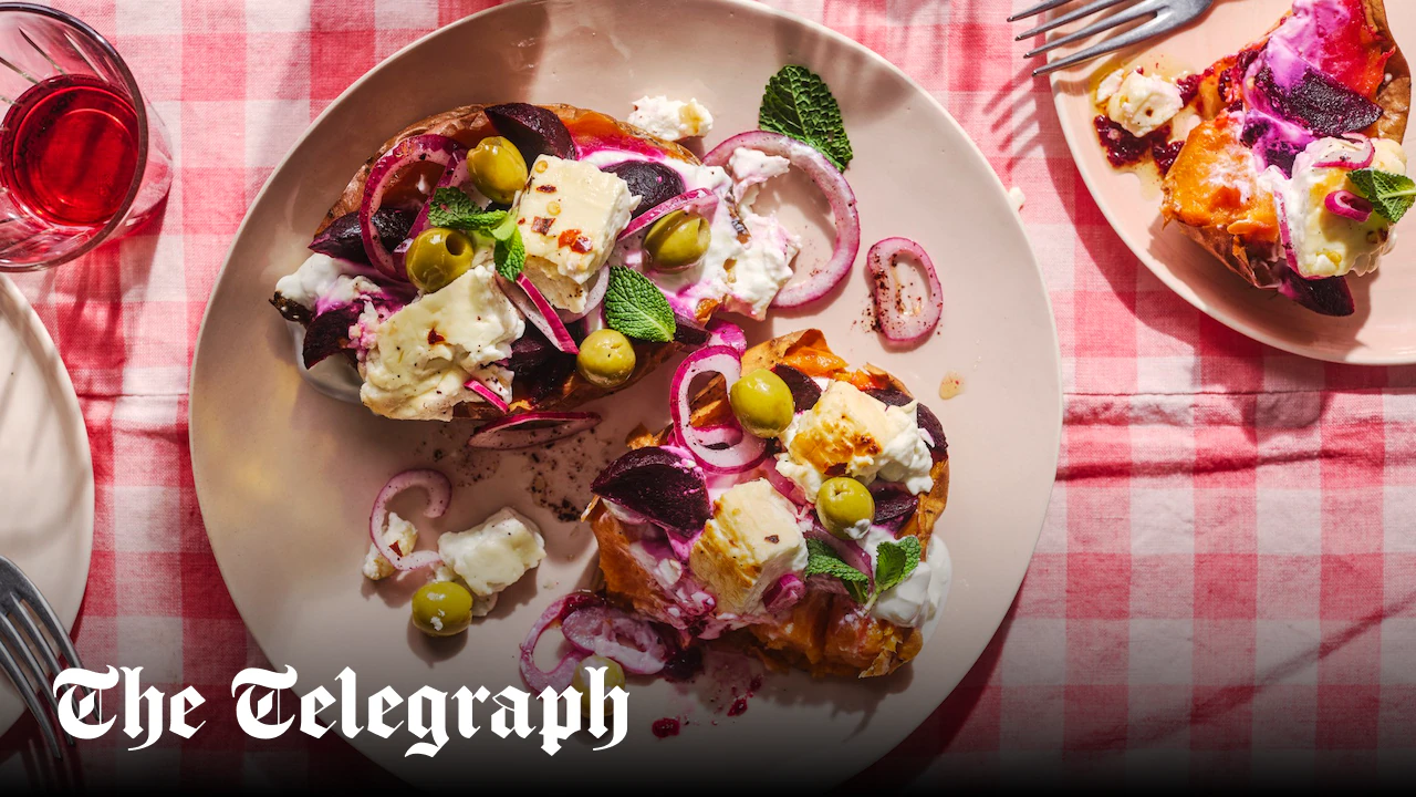 Baked sweet potatoes with honey-roast feta, olives, beetroot and mint recipe