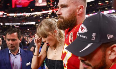 Taylor Swift embraces beau Travis Kelce after the Kansas City Chiefs win the super bowl beating the San Francisco 49ers 25-22.