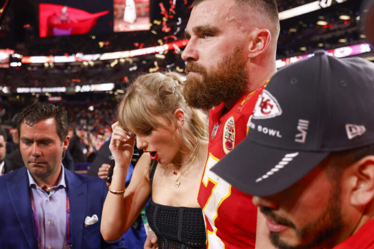 Taylor Swift embraces beau Travis Kelce after the Kansas City Chiefs win the super bowl beating the San Francisco 49ers 25-22.