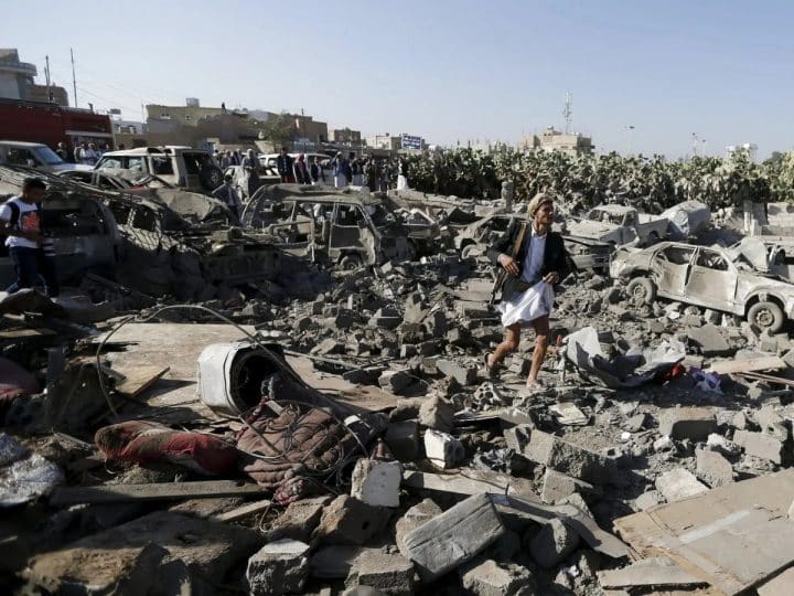 Bomb damage in Yemen. Arms trade complicity