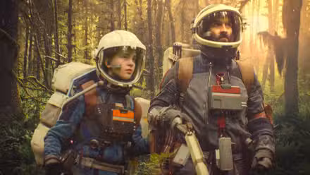 Two people in space suits looking at something in Prospect