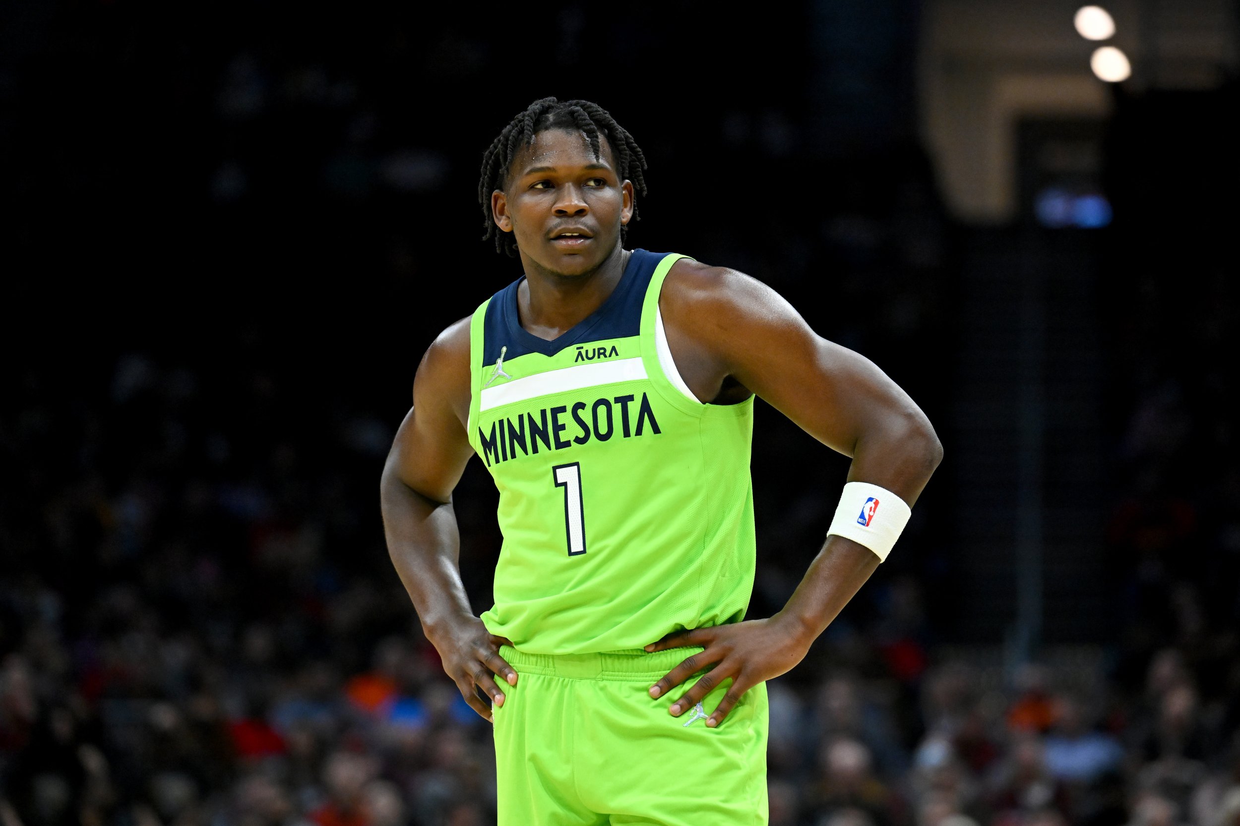 Anthony Edwards #1 of the Minnesota Timberwolves pauses during the second half against the Cleveland Cavaliers at Rocket Mortgage Fieldhouse on February 28, 2022 in Cleveland, Ohio. The Timberwolves defeated the Cavaliers 127-122.