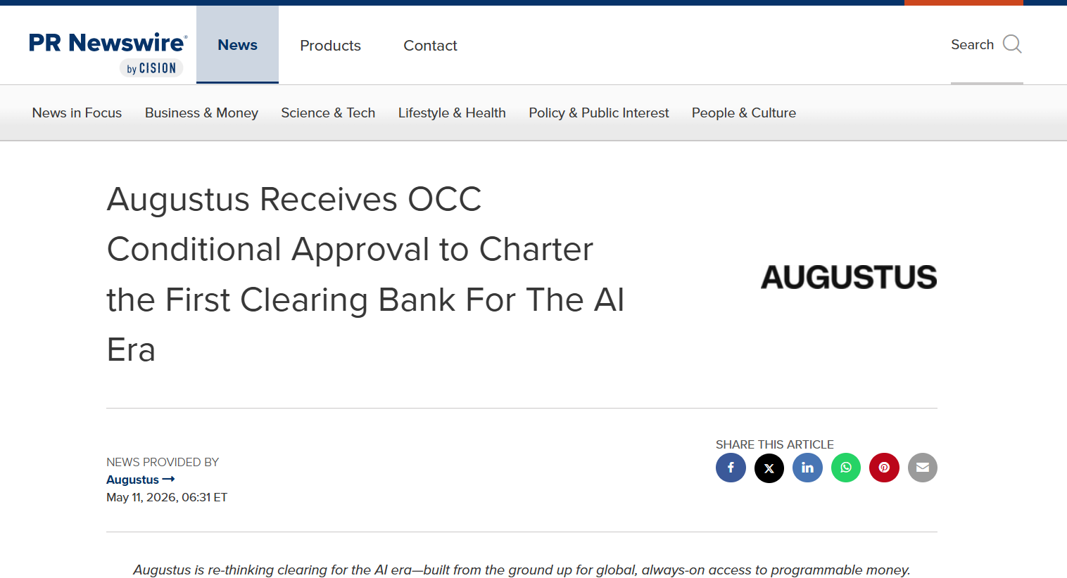 Augustus CEO Says Banks Can’t Be Rebuilt for AI as OCC Backs Stablecoin Bank