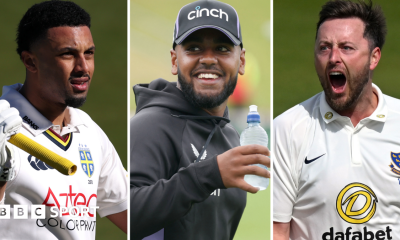 Action pictures of Emilio Gay, left, Rehan Ahmed, centre, and Ollie Robinson