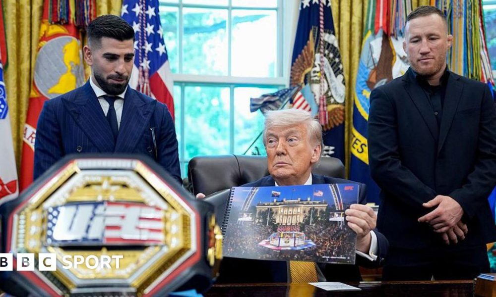 Ilia Topuria and Justin Gaethje alongside US President Donald Trump inside the Oval Office at the White House
