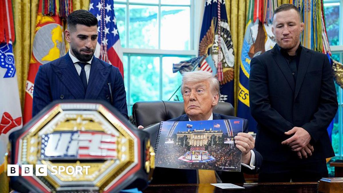 Ilia Topuria and Justin Gaethje alongside US President Donald Trump inside the Oval Office at the White House
