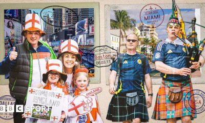 Visual of a family of England supporters and pair of Scotland fans on a background of a postcard that depicts New York and Miami as 2026 World Cup host cities