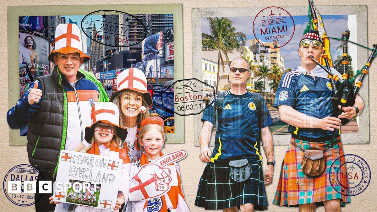 Visual of a family of England supporters and pair of Scotland fans on a background of a postcard that depicts New York and Miami as 2026 World Cup host cities