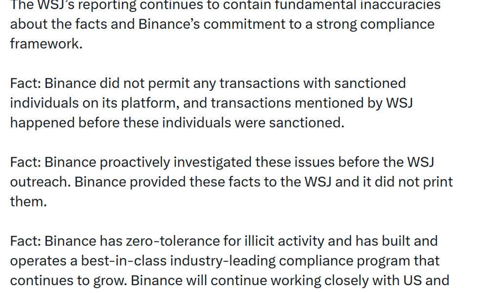 Binance Denies WSJ Report Alleging $850M in Iran-Linked Crypto Transactions