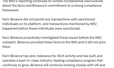 Binance Denies WSJ Report Alleging $850M in Iran-Linked Crypto Transactions