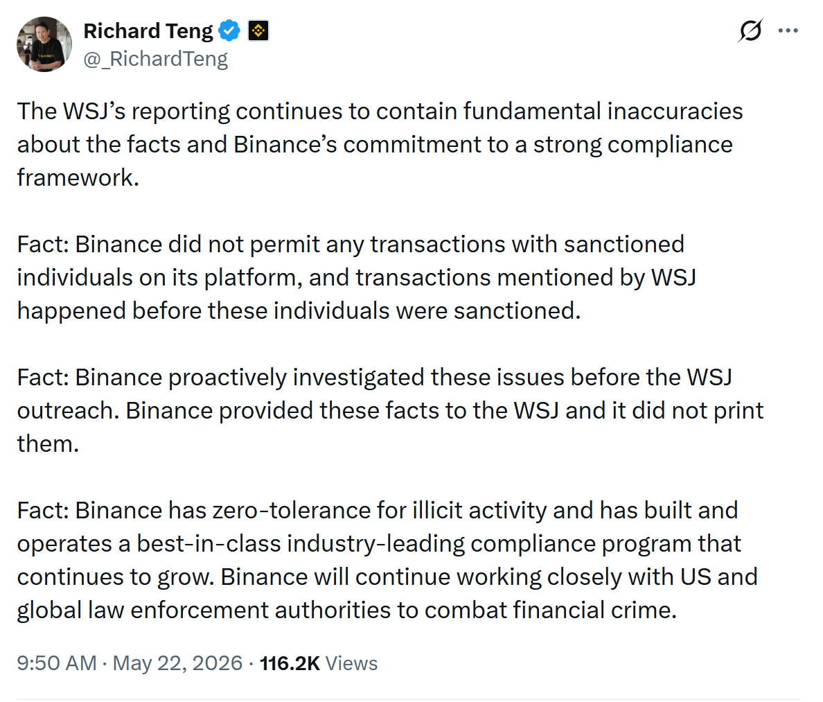 Binance Denies WSJ Report Alleging $850M in Iran-Linked Crypto Transactions