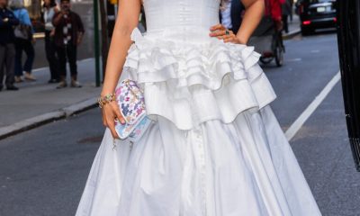 Blake Lively in a white gown as she arrives to the Late Show with Seth Meyers this afternoon in New York City