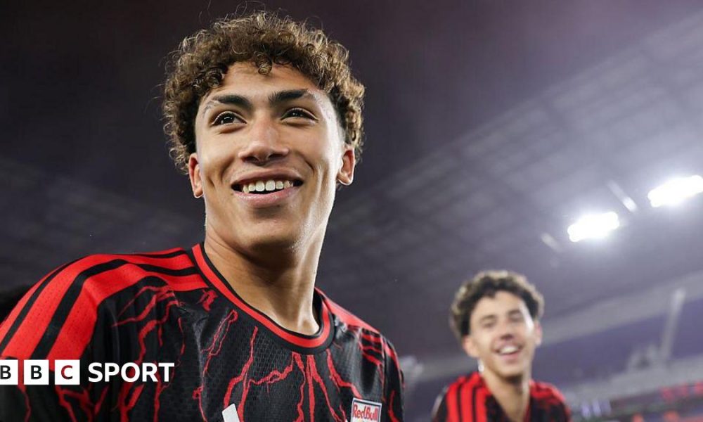 Julian Hall smiles after scoring a hat-trick for Red Bull New York