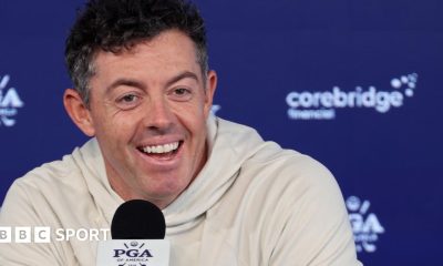 Rory McIlroy speaking at a news conference prior to the start of the US PGA Championship at Aronimink in Pennsylvania