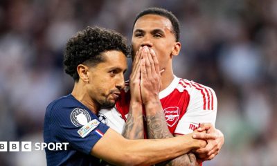 Paris St-Germain captain Marquinhos hugs his Brazilian team-mate Gabriel after the Arsenal defender missed a decisive penalty in their Champions League final shootout.