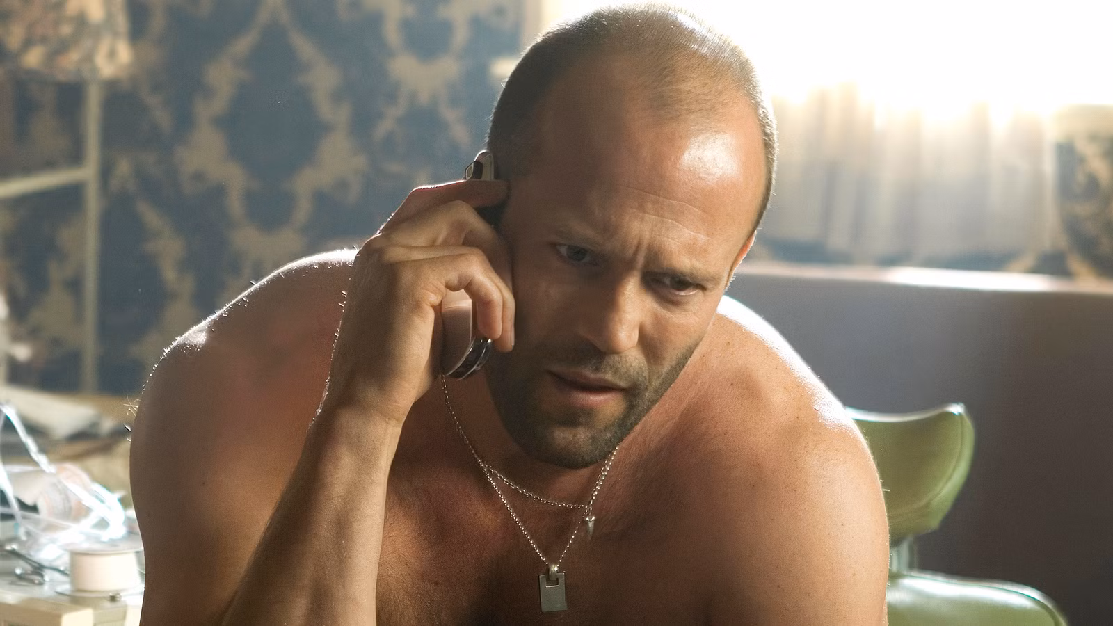 Jason Statham talking on the phone in 'Crank'