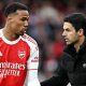 Arsenal manager Mikel Arteta talks to defender Gabriel