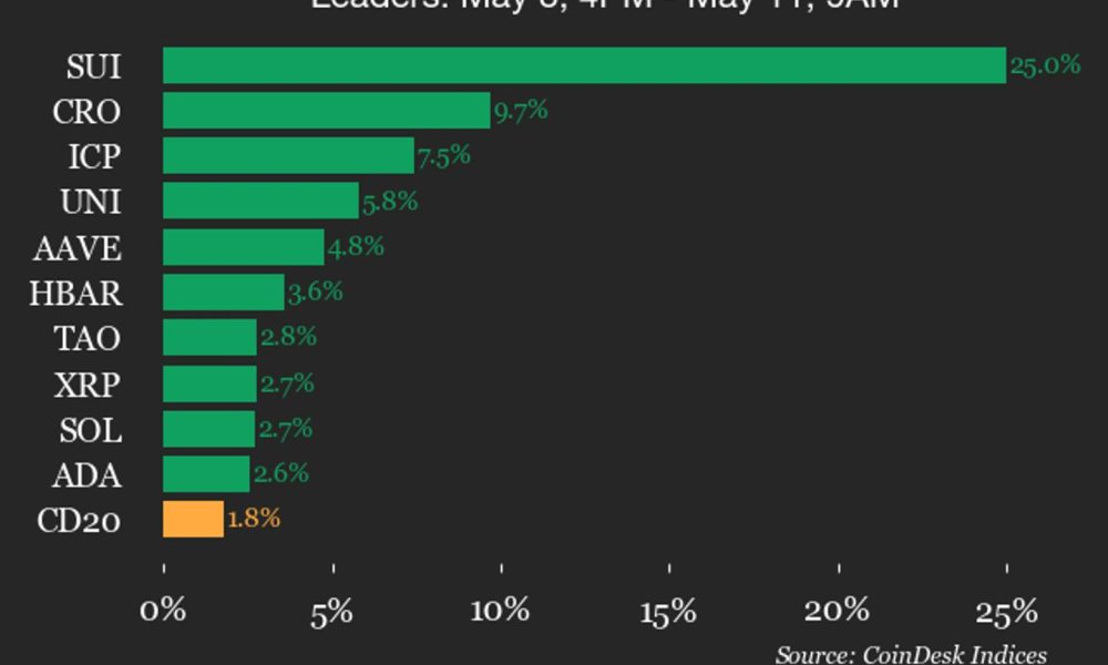 CoinDesk 20 performance update: SUI surges 25% over weekend