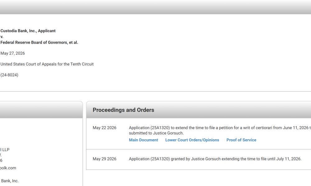 Custodia Bank Moves Closer to Supreme Court Test of Fed Master Account Authority