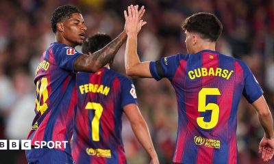 Marcus Rashford celebrates a goal for Barcelona